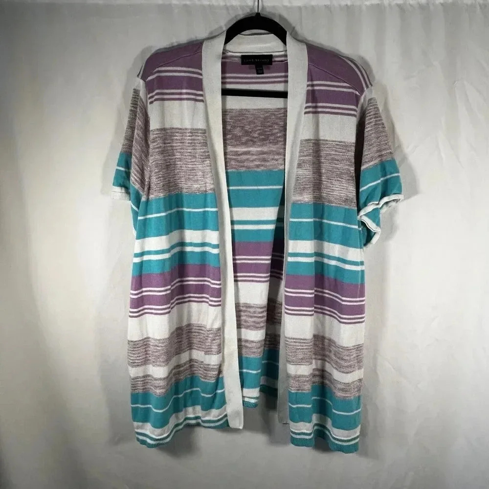 Lane Bryant Cardigan Womens 26 28 White Purple Blue Striped Open Front
